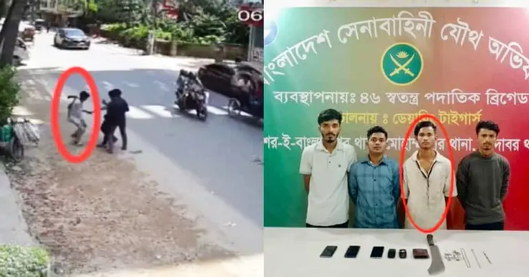 ছিনতাইয়ের ফুটেজ ও ডানে দেশিয় অস্ত্রসহ গ্রেপ্তারকৃতরা